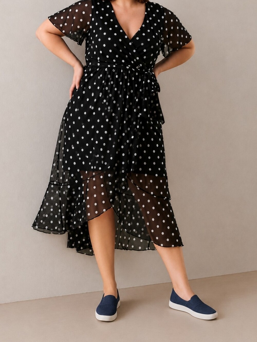 Addition Elle 2X polka dot black and white dress Plus Size High Low Modern Chic